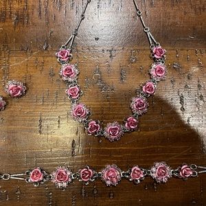 Avon Vintage Pink Metal Rose earrings, necklace and bracelet